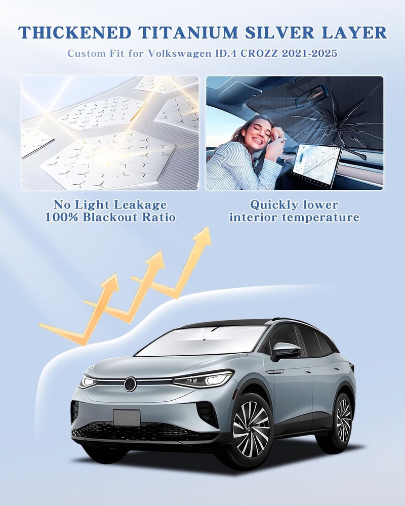 Epltion Portable for Volkswagen ID.4 2021-2025 Windshield Sunshade Umbrella with Carry Bag for Models Pro/AWD Pro/Pro S/AWD Pro S/AWD Pro S Plus, Ice Crystal Durable Compact Shade UPF50+ UV Outdoor Camping - Image 2